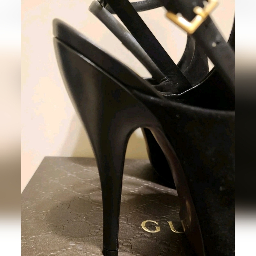 NIB Gucci Blck Suede/Leather Peep Toe Slingback Ankle Strap Pumps Sz.8/38.5 $995 - Picture 4 of 10